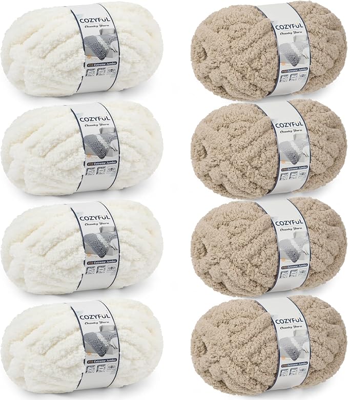 Cozyful Chunky Yarn for Hand Knitting - #10 Chunky Chenille Yarn, Jumbo Big Thick Chunky Yarns for Crocheting, Super Bulky Chunky Knit Blanket Yarns, 8 Skein (22yd, 8oz/Skein), Cream & Khaki