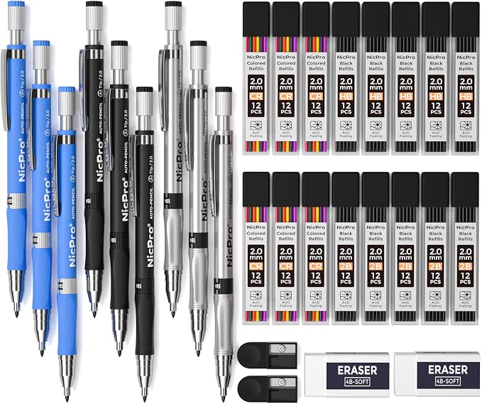Nicpro 29 Pieces 2mm Mechanical Pencil Set 9 PCS Drafting Carpenter Pencils