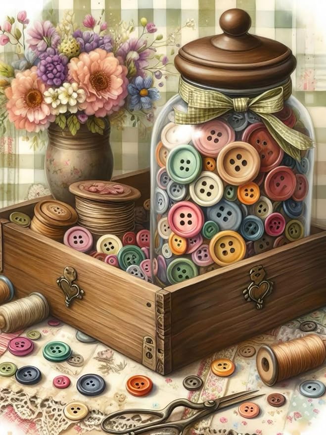 HHMATITS Vintage Sewing Button Diamond Art Kits for Adults 12x16IN