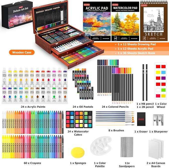 Soucolor Art Supplies,192 Pack Deluxe Art Set Drawing Painting Supplies Kit | Acrylic Pad, Watercolor Pad, Sketch Book, Canvases, Acrylic Paint, Crayons, Pencils, Gifts for Artist Adults Teen Kids