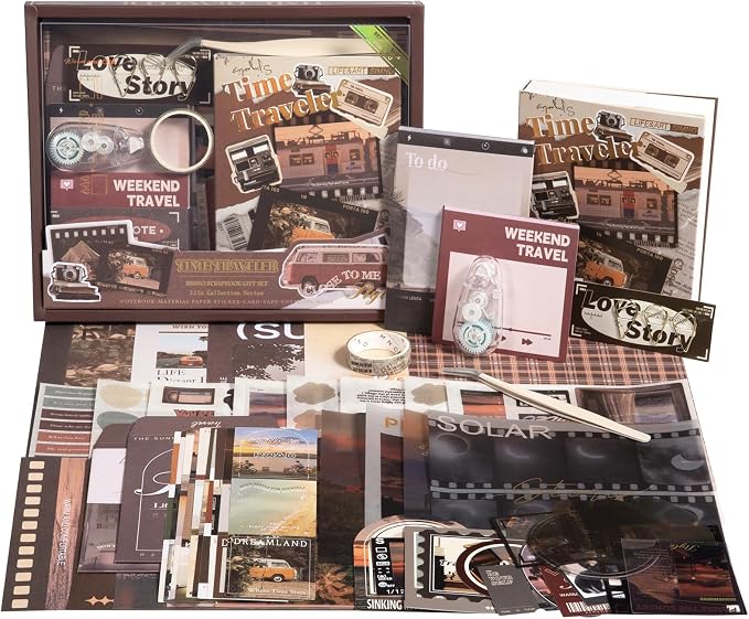Travel Scrapbook Photo Album Supplies Kit with Tweezers and Glue Tape, Aesthetic Vintage Junk Journal Scrapbooking Paper, Sticker Pack, Notebook Craft Supplies, DIY Gift for Adult Men Women (Traveler)