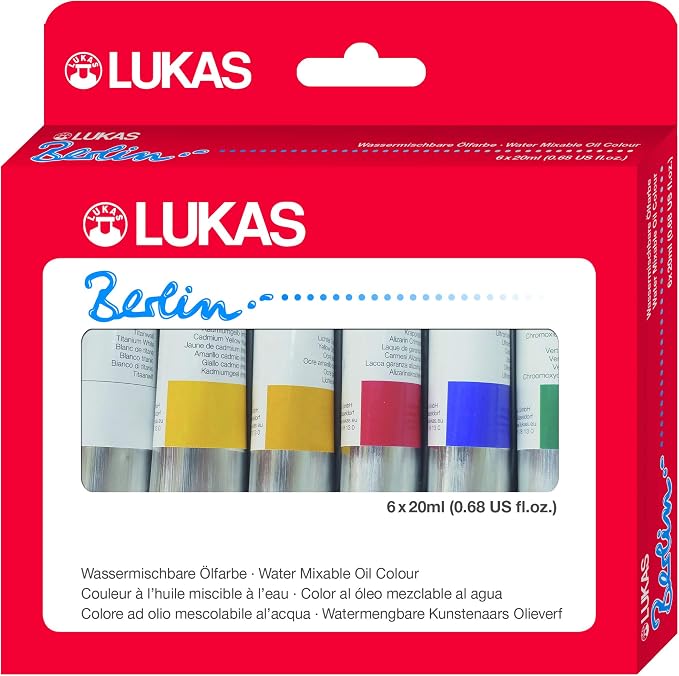 Lukas Berlin Pro Artists Water Mixable Oil Paint Set of 6 (20mL) Starter Set of 6-20 ml Tubes, Water Soluble Oil Paints, Smooth Consistency with Beeswax, Lightfast Pigments, Quick Drying, Easy