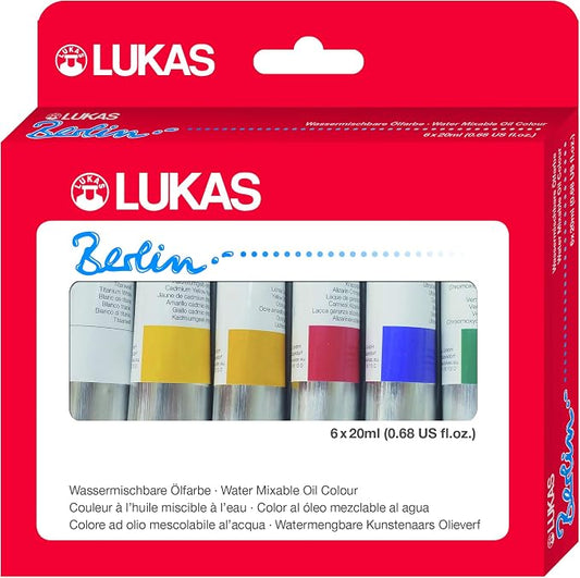 Lukas Berlin Pro Artists Water Mixable Oil Paint Set of 6 (20mL) Starter Set of 6-20 ml Tubes, Water Soluble Oil Paints, Smooth Consistency with Beeswax, Lightfast Pigments, Quick Drying, Easy