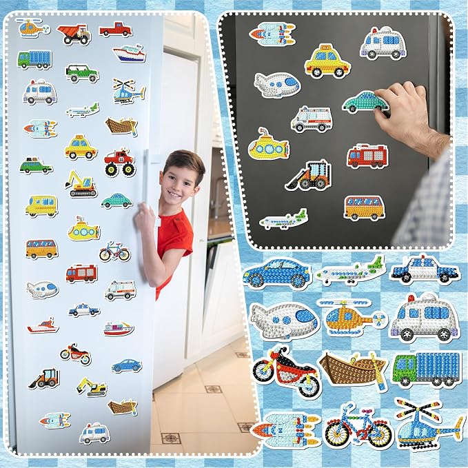 Remuuly 30 Pcs Transportation Diamond Painting Magnets Diamond Art Magnets | Diamond Art Kits for Adults, Car Airplane Refrigerator Magnet, 5D Rhinestone Fridge Magnetic Sticker, DIY Diamond Club Gift