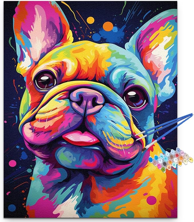 Artunion Colorful French Bulldog Paint by Numbers for Adults, Dog Animal Paint by Number Kits, DIY Oil Painting Paint by Number Kits on Canvas Arts Craft for Home Wall Decor 16x20 Inch