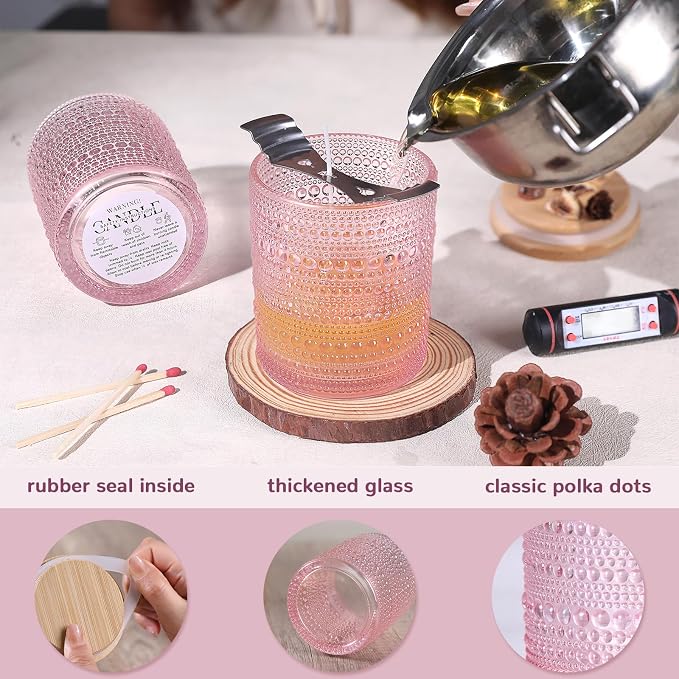 DARJEN 12 Pcs 10 oz Glass Candle Jars with Lids, Candle Container Tins-Pink | Thick Wall Ribbed Glass, Airtight Wood Lids- The go to candle jar for DIY, thoughtful gifters, growing candle brands