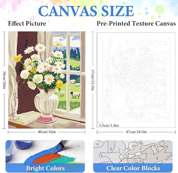 ZRIZQ Paint by Numbers Kit for Adults Beginners,Floral DIY Painting Set,Relaxing Creative Craft Activity,16x20 Inch-Flowers 6