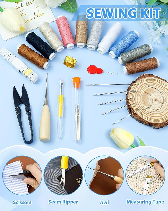Upholstery Repair Sewing Kit, Heavy Duty Sewing Kit with Sewing Awl, 47PCS | Sewing Kit, Large-Eye Needles, Sewing Awl, Seam Ripper, Sewing Thread, Upholstery Repair, Leather Craft,DIY Crafts, Travel