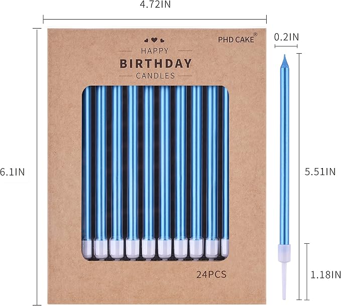 PHD CAKE Blue Long Thin Metallic Birthday Candles, Cake Candles, Birthday Parties, Wedding Decorations, Party Candles
