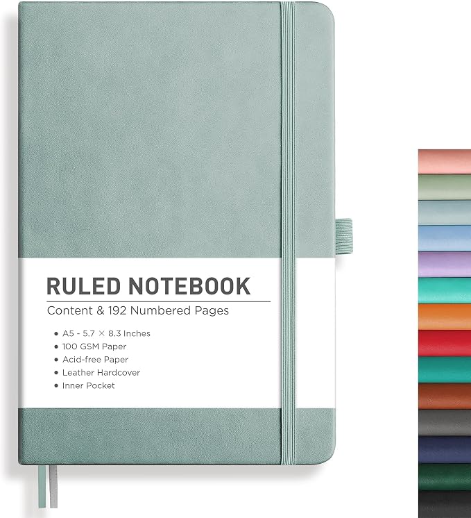 RETTACY Lined Journal Notebook, 192 Numbered Pages, A5 Size (5.7'' x 8.3'') | Leather Hardcover, 100 GSM Thick Paper, for Men & Women, Journaling, Writing, Work & Office (Blue-gray)