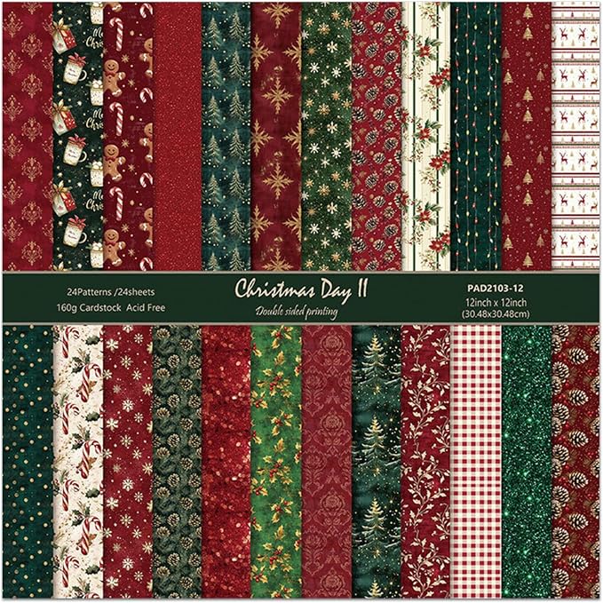 Christmas Scrapbook Paper Double Sided - 24 Sheets 12 x12 in Printing Pattern Decoupage Decorative Craft Paper Pad for Junk Journals Bullet Journal Card Making