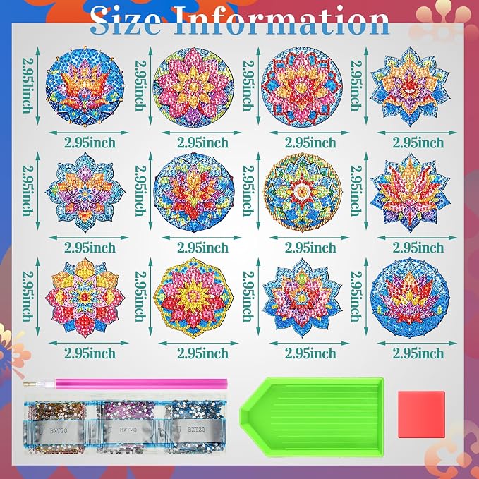 Zonon 12 Pcs Diamond Art Magnets Lotus Mandala Painting Kit Fridge Decor | DIY Diamond Painting Magnetic Stickers, Arts Crafts Kit for Adults, Refrigerator Home Decoration, Colorful Mandala