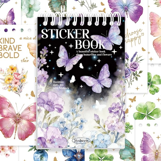 Flower and Butterfly Sticker Book, 30 Sheets 300+ Pcs, PET Material with Gold and Holographic Foil, for Planner Scrapbooking Journaling Card Making