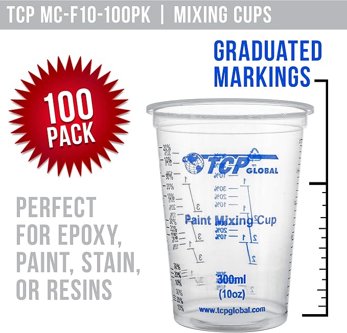 TCP Global 10 oz. (300ml) Graduated Plastic Mixing Cups - Box of 100 | Plus 50 Mixing Sticks, Disposable Plastic Measuring Cups for Liquids, Paints, Resin, Epoxy, Kitchen , Ratios 2-1, 3-1, 4-1 ML