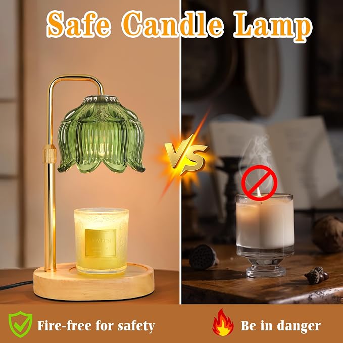 XJZJY Green Flower Candle Warmer Lamp with Timer, Birthday Gifts for Women | Dimmable wax melt warmer with 2 bulbs for jar candles, height adjustable, lotus flower lamp, home decor, housewarming gift