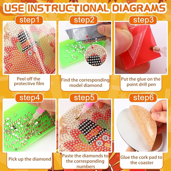 UPINS 8Pcs Fall Diamond Art Coasters with Holder | Thanksgiving Diamond Turkey Art Coasters Kits, for Adults Kids Beginners Diamond Craft Supplies
