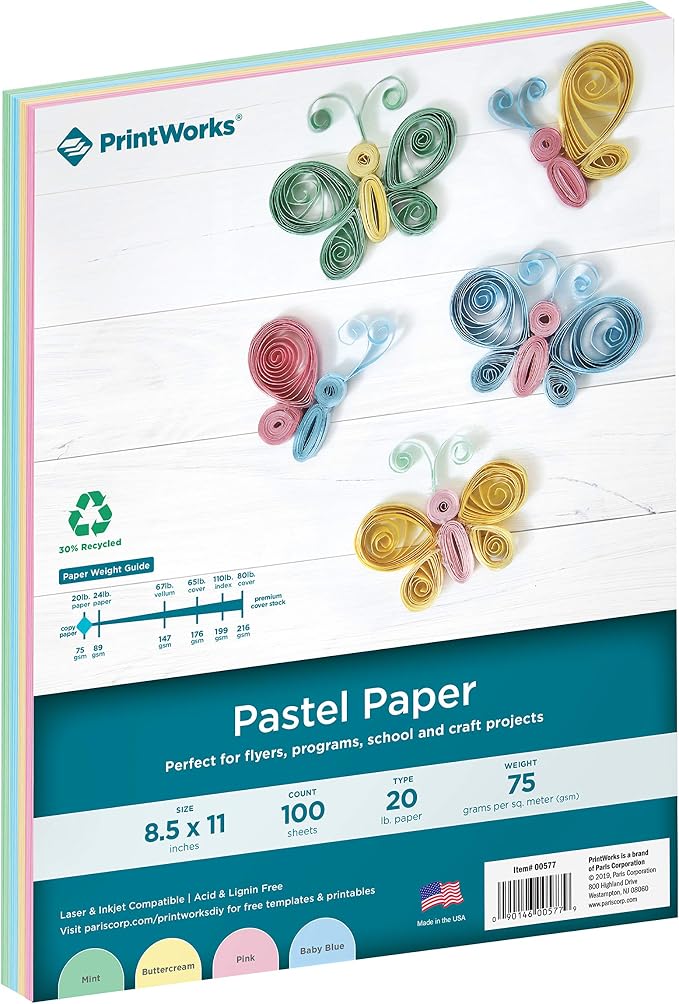 Printworks Pastel Paper, 20 lb, 5 Assorted Pastel Colors, 30% Recycled Color Printer Paper, SFI Certified, Perfect for School and Craft Projects, 100 Sheets, 8.5 x 11 Inch (00577) (Pack of 2)