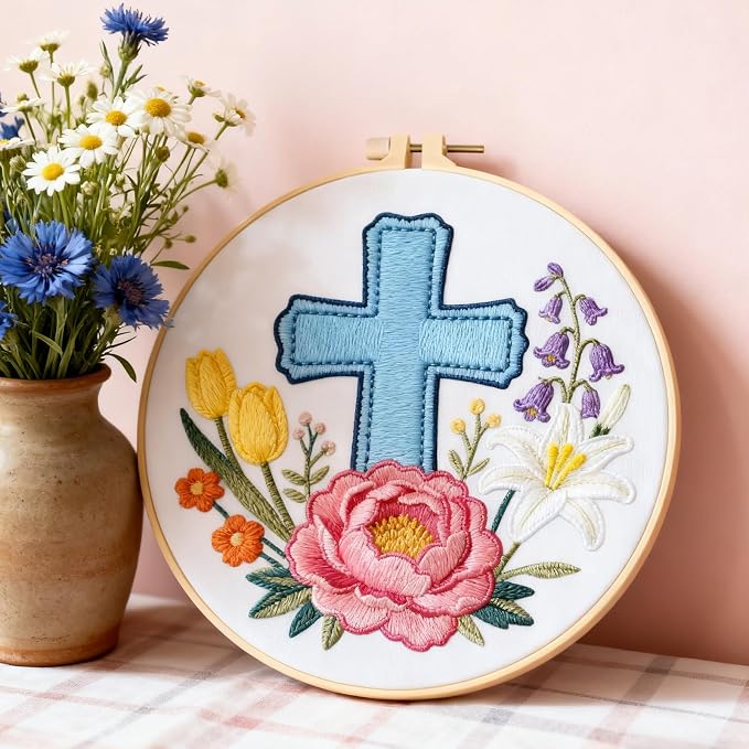 BEUNITONE 4Set Cross and Flowers Pattern Embroidery Kit for Adult Beginners | DIY Cross Stitch Kits, Complete Needlepoint Kits for Adults, Handmade Embroidery for Gifts, Fabric and Home Decor 20x20cm