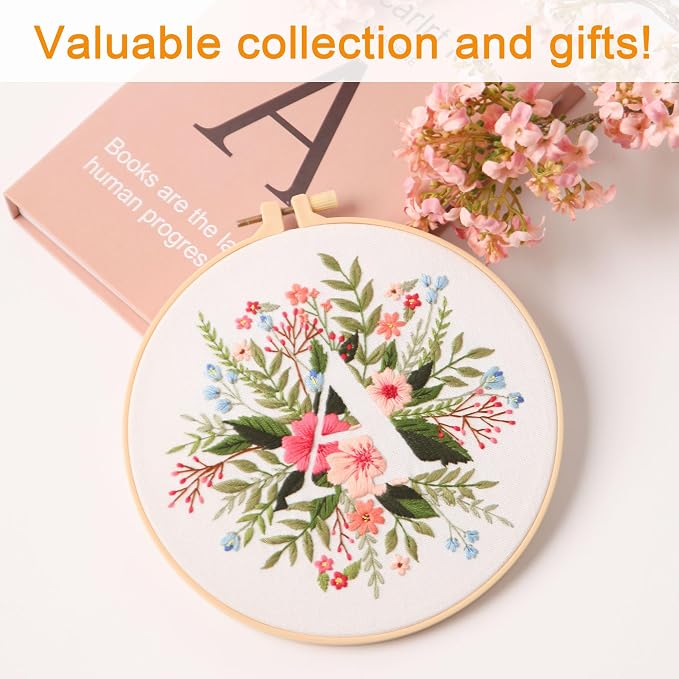 Harimau Letter A Pattern Embroidery Kit for Adult Beginners, Complete Starter Pack with 1 Hoop, Needles, Instruction Guide & Embroidery Stitch Video Tutorials