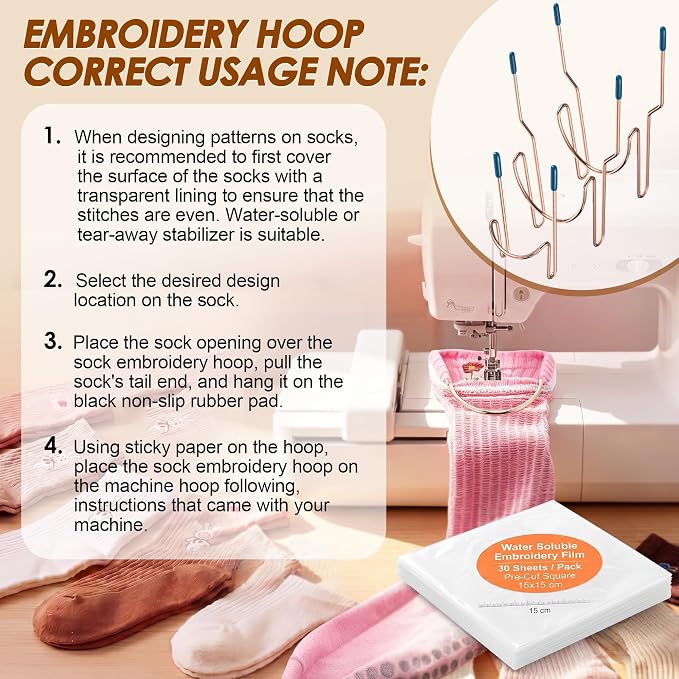 Sock Hoop for Embroidery-2 Adult,1 Kid,30 Sheets Water Soluble Stabilizer