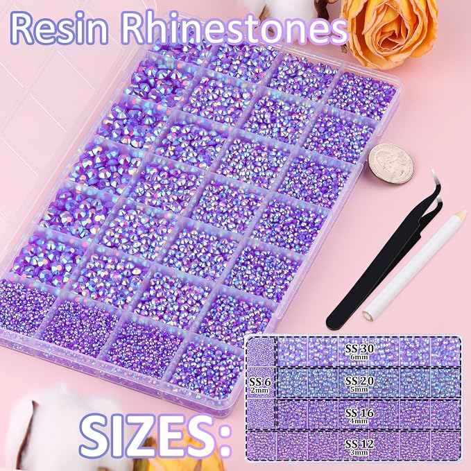 30000Pcs Resin Rhinestones for Bedazzling with Tweezers, Dark Purple AB Rhinestones for Crafting with 3Pcs 10ml B7000 Jewelry Glue for DIY Crafts Clothing Tumblers Shoes Fabric Nail Art