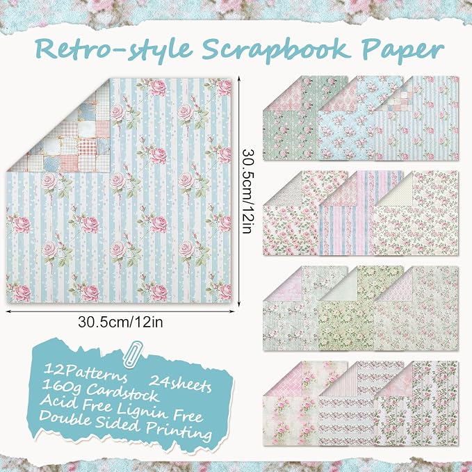 24 Sheets Scrapbook Paper Pink Vintage Floral Scrapbook Supplies