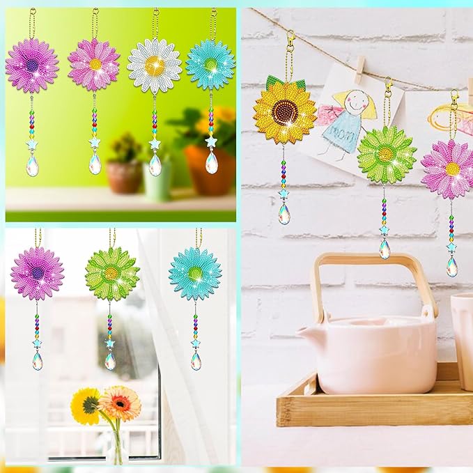 6 Pcs Daisy Diamonds Painting Wind Chimes Suncatcher Double Sided Flower Rhinestone Painting Wind Chime 5D DIY Crystal Diamond Painting Kits Paint by Number Hanging Ornaments Mom Gifts