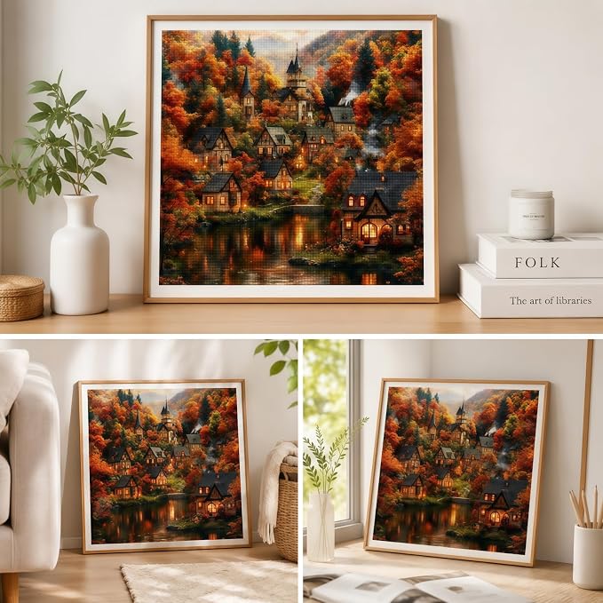 DOTSTART Diamond Painting Kits for Adults, Autumn House Diamond Art Kits | Fall Forest Paint by Diamonds, Full Drill Round Diamond Gem Art Painting, Home Wall Art Decor, 13.78 x 13.78 inch