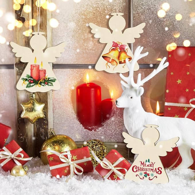 Large Christmas Wooden Ornaments to Paint 10Pcs, DIY Blank Unfinished Angel Wood Cutout Ornament for Crafts Hanging Decorations, Thanksgiving Wedding Birthday Party Decoration