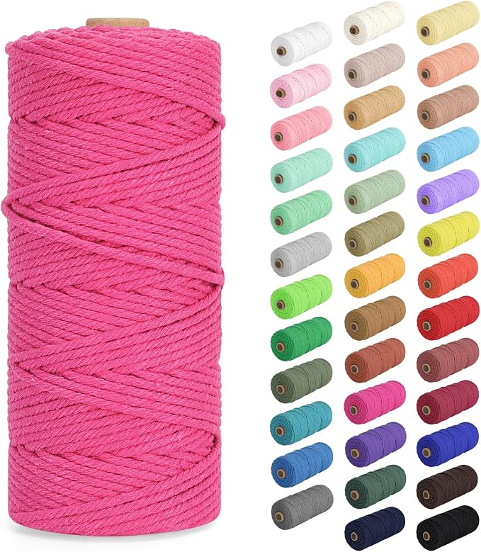 Macrame Cord 3mm x 109Yards (328Feet), Natural Cotton Macrame Rope - 4 Strands Twisted Macrame Cotton Cord for Wall Hanging, Plant Hangers, Crafts, Gift Wrapping and Wedding Decorations, Rose Red