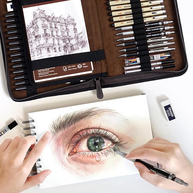 Nicpro 58PCS Art Drawing Supplies Kit, Leather Case, Art Supplies for Adult | Sketching Kit with 12 Micron Pen, 6 Art Mechanical Pencil Set 0.5-2mm, 100 Sheets Sketch Book, Best Gift for Artist Teen