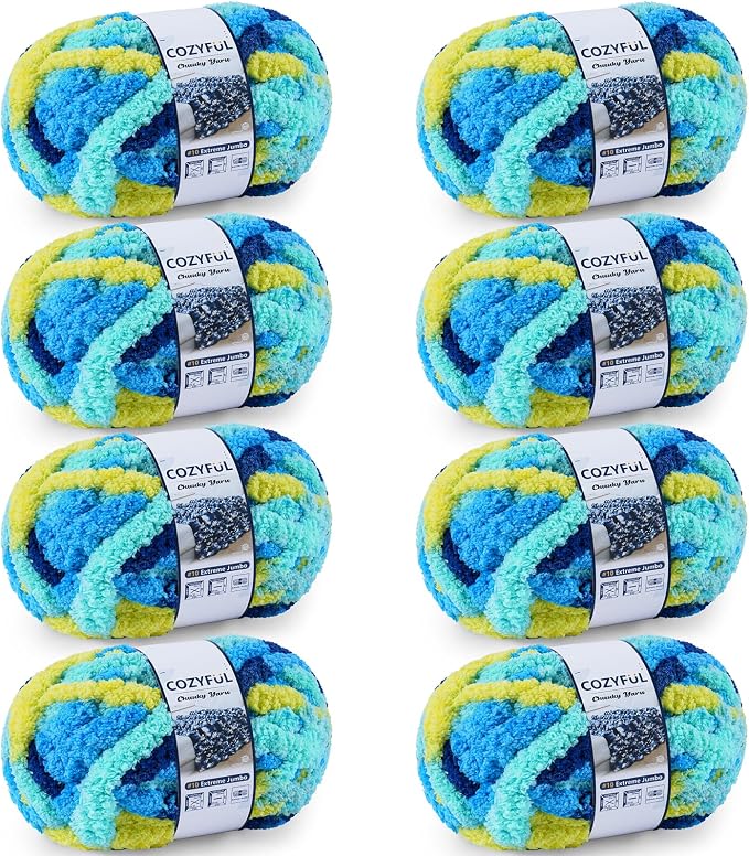 Cozyful Chunky Yarn for Hand Knitting - #10 Chunky Chenille Blanket Yarn, Jumbo Big Thick Chunky Yarns for Crocheting, Tie Dye Bulky Knit Yarns, 8 Skein (20 yds 8 oz Each Skein), Multi Blue & Yellow