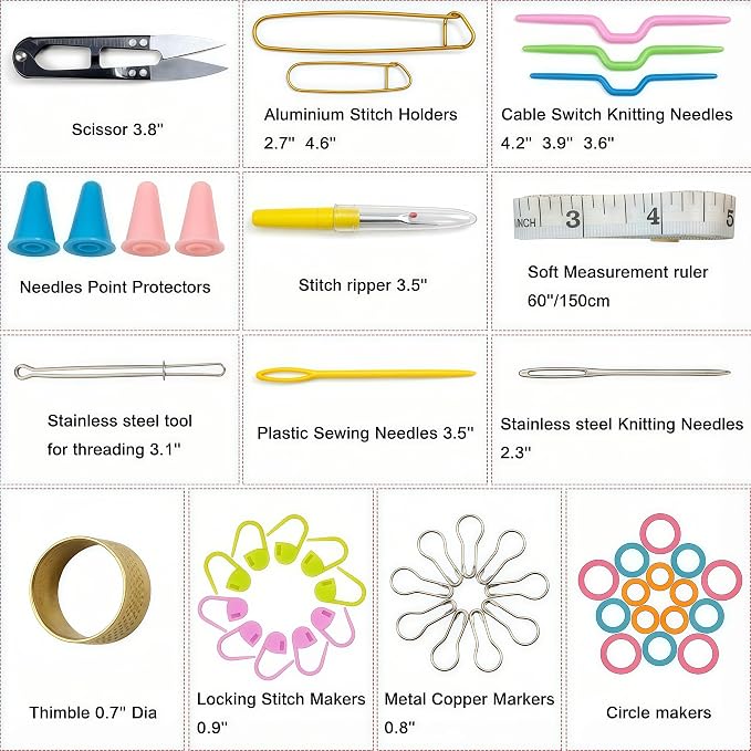 GKINIKG Knitting Tools Set with Storage Case – Knitting & Crochet Accessories for Sewing, Repair and DIY Craft Projects, Includes Scissors, Stitch Markers, Needles & Ruler