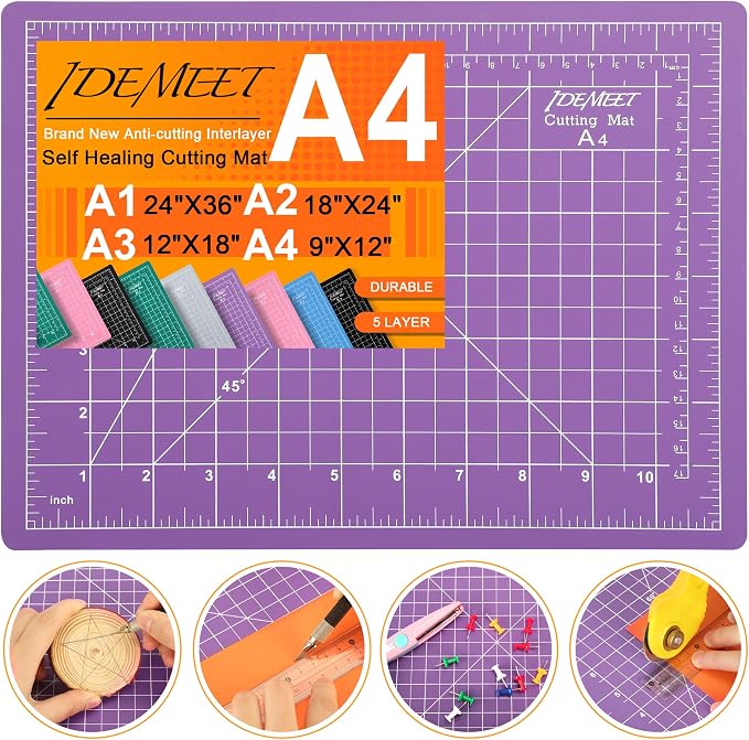 Density-upgraded 9"x12" Self Healing Cutting Mat, Idemeet Rotary Sewing Mat for Crafts, 5-Ply Blade Table Protector Cut Board for Fabric Leather Cutting Quilting Modeling Hobby Project, A4, Purple