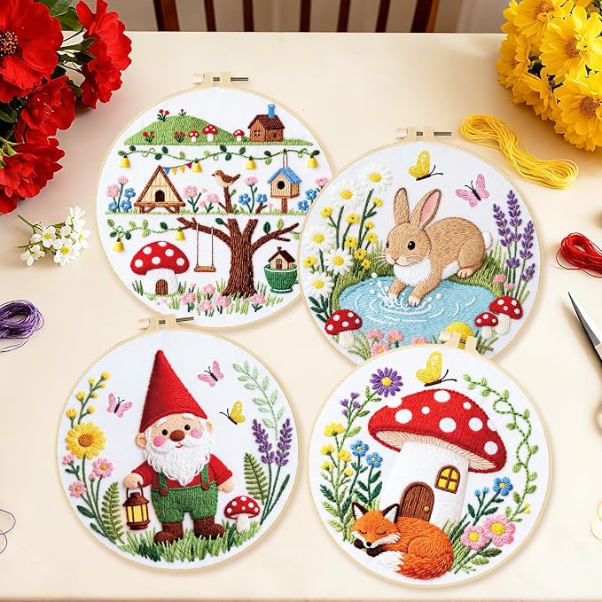 BEUNITONE 4 Set Embroidery Kit for Beginners, Fairy Tale Pattern Cross Stitch Kits, Needlepoint Kits for Adults with Instructions and Full Kit, Funny Hand Embroidery Patterns for Cloth and Home Decor
