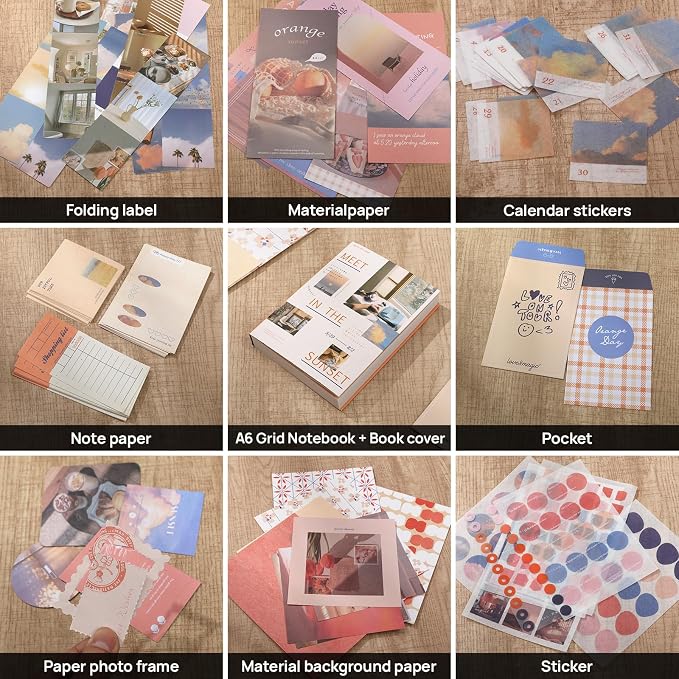 imoon Scrapbook Photo Album Supplies Kit with Tweezers and Glue Tape – Romantic Aesthetic Junk Journal Kit, Scrapbooking Paper, Sticker Pack, Notebook, DIY Craft, Gift for Adults (Sunset)