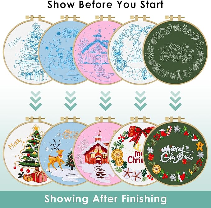 ERKOON 5 Sets Embroidery Kit for Beginners, Christmas Cross Stitch Set with Easy Pattern Embroidery Cloth Hoops Threads for Craft Lover Hand Stitch