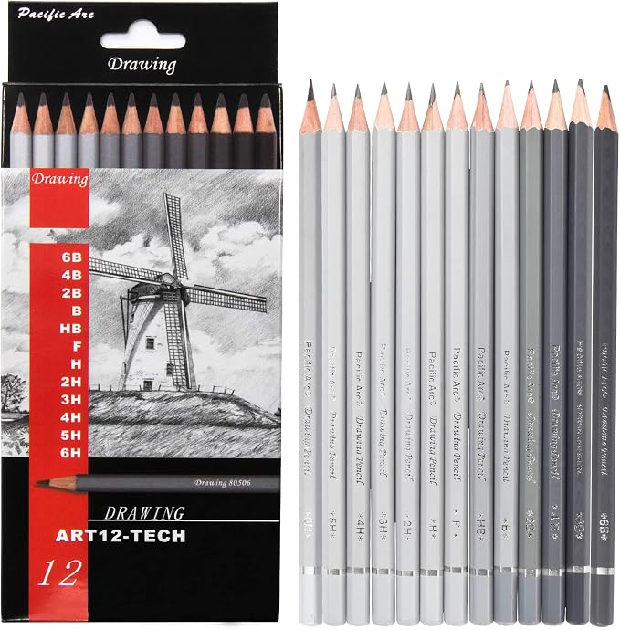 Pacific Arc Premium Graphite Drawing Pencils for Artists, Tech Pack - Professional Pencils for Drawing, Drafting, Sketching and Shading 12 Pk. - Great Non Toxic Art Supplies Set