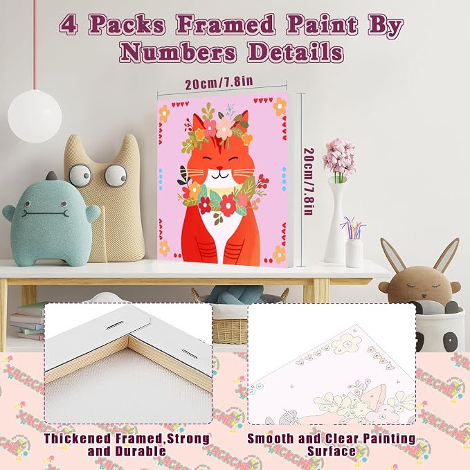 4 Pack Cat Paint by Number for Kids with Wooden Frame - Wooden Easel | Paint by Numbers for Kids Cats Ages 4-8-12, Easy Cat DIY Acrylic Oil Painting Kits for Home Wall Decor (8X8 inch)
