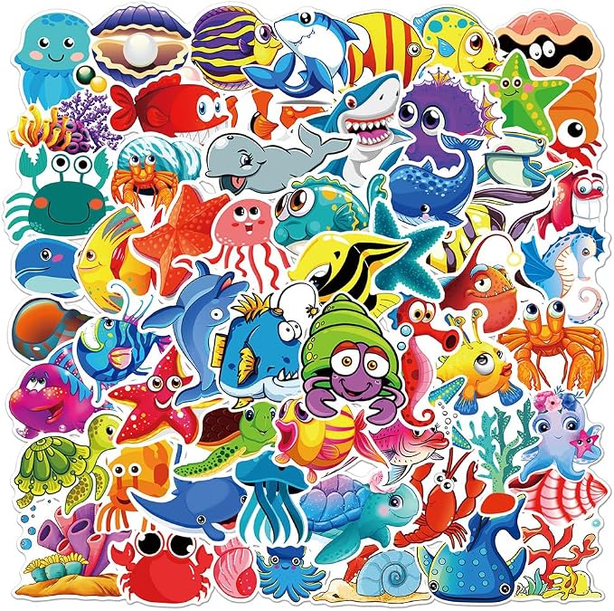 60Pcs Cute Sea Animal Stickers, Waterproof Vinyl Kawaii Ocean Creature Stickers for Water Bottles, Laptop, Phone Case, Scrapbook, No Residue Sea Life Decals for Teens, Adults(Cartoon Sea Creature)