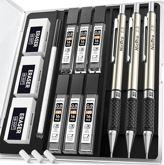 Nicpro 0.9 mm Art Mechanical Pencil Set in Storage Case, 3 PCS | Metal Drafting Pencil Lead Pencil+6 Tube HB Lead Refill, 12 Eraser, Comfort Grip For School Writing, Artist Drawing Sketching