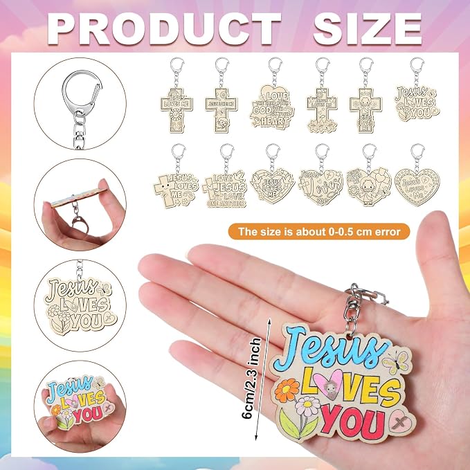 Trnayi 36 Pcs Wood Jesus Loves Me Keychain Color Your Own DIY Craft | Jesus Loves Me Wooden Keychain, Color Your Own Unfinished Craft, Blank Wood Painting DIY Craft, for Religious Art Project
