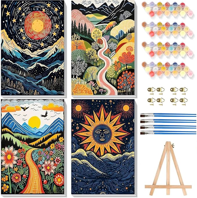 4 Pack Scenery Paint by Numbers for Adults with Frame Canvas - Wooden Easel | Abstract Landscape Paint by Number on Canvas, Acrylic Oil Painting Kits with Brushes for Home Wall Decor (8x12 inch)