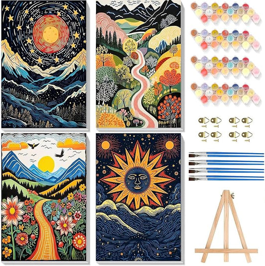 4 Pack Scenery Paint by Numbers for Adults with Frame Canvas - Wooden Easel | Abstract Landscape Paint by Number on Canvas, Acrylic Oil Painting Kits with Brushes for Home Wall Decor (8x12 inch)