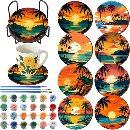 Reallnaive 8 Pcs Beach Paint by Numbers Kit for Adults Coastal Coasters | Mini Paint by Numbers, Tiny Palm Trees Sunset Round Oil Painting Drink Coaster with Holder, for Small DIY Craft Birthday Gift