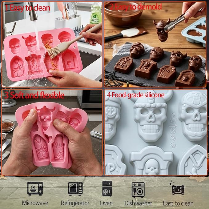 Halloween Silicone Molds, 2 Pack Skull Tombstone Silicone Chocolate Molds, Skull Silicone Candy Molds Silicone Baking Molds for Chocolate, Cake, Soap, Resin, Halloween Party Supplies