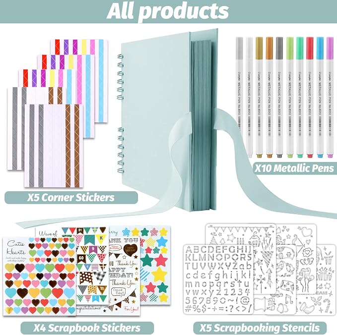 Gotideal 80 Pages Scrapbook Album with 10 Metallic Markers, Blue | Craft Paper Photo Album for Wedding and Anniversary, Family DIY Scrapbook Accessories with Scrapbooking Stickers Corners