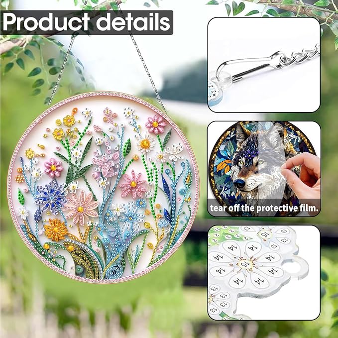 SKRYUIE Flower Hanging Diamond Art Kits for Adults Pendant Suncatcher, Special Shaped Crystal DIY Pearl Diamond Painting Kit, Gift for Mother Spring Summer Window Wreath Decor 7.87 x 7.87 Inch