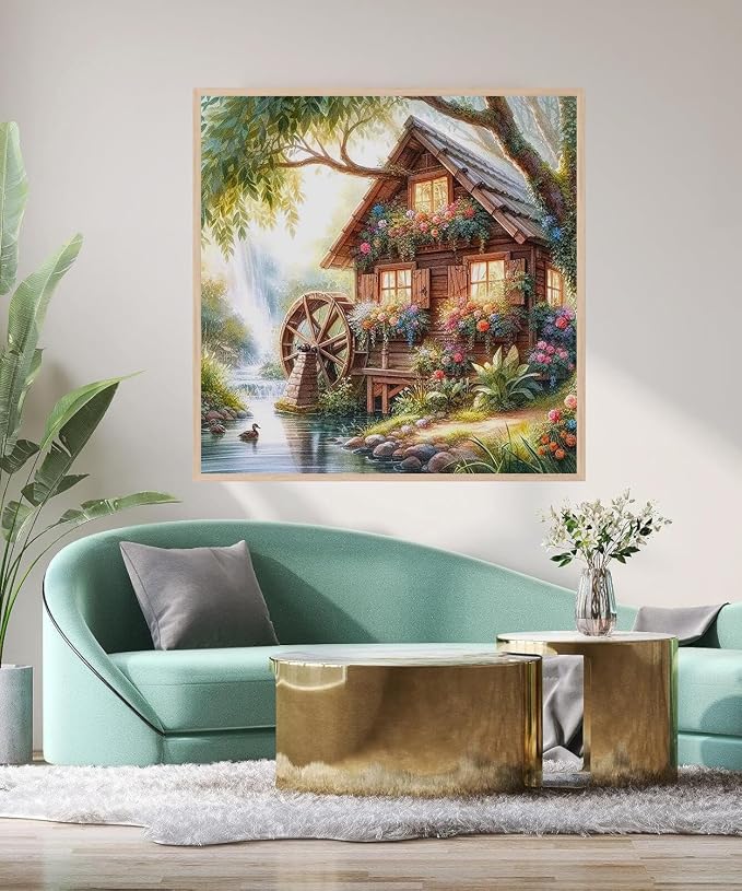 Accompany Wind Countryside Diamond Art Kits for Adults,5D Water Wheel Diamond Painting Kits for Beginners,DIY Round Full Drill Diamonds Gem Art Crafts for Home Wall Decor Gifts 14x14 Inch