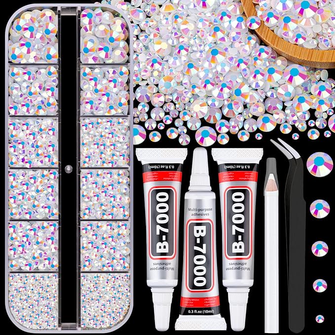 Resin Jelly Rhinestones for Crafting with B7000 Jewelry Glue, 1 Box White AB Flatback Crystal with 3Pcs 10ml Glue, Bedazzling Non Hotfix Gems for DIY Tumblers Clothing Shoes Manicure